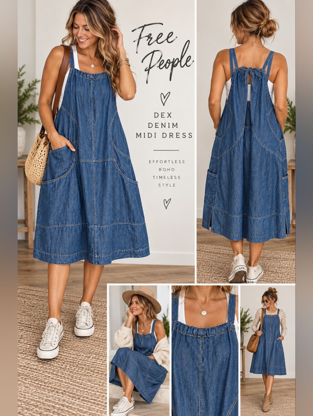 Free People Dex Denim Midi Dress Blue Oversized Pockets Tie Back S